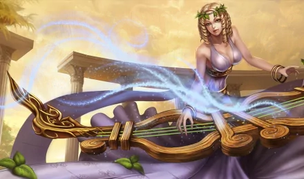 HD PC desktop wallpaper featuring Sona from League of Legends playing her ethereal instrument, surrounded by magical blue and gold tones.