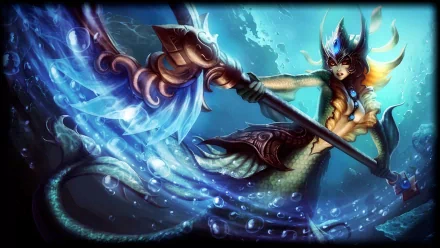 Nami from League of Legends wields her trident amidst a vibrant underwater scene, showcasing her enchanting power. An engaging HD wallpaper for fans of the game.
