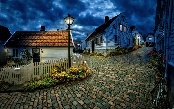 Man Made House Architecture Building Place HDR Night Light Cobblestone Lamp Post HD Wallpaper | Background Image