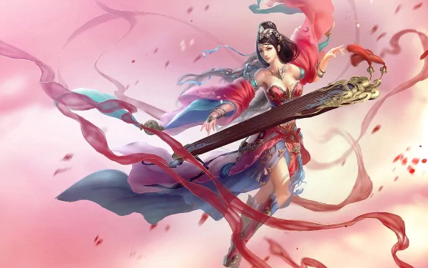 Sona from League of Legends gracefully plays her instrument amid flowing ribbons and petals, creating a serene atmosphere in this vibrant HD desktop wallpaper.