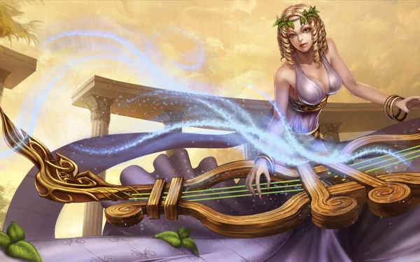 HD PC desktop wallpaper featuring Sona from League of Legends playing her ethereal instrument, surrounded by magical blue and gold tones.