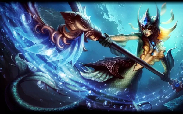 Nami from League of Legends wields her trident amidst a vibrant underwater scene, showcasing her enchanting power. An engaging HD wallpaper for fans of the game.