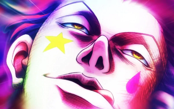 A vibrant HD desktop wallpaper featuring Hisoka from the anime Hunter × Hunter, showcasing his intense expression with a star on his cheek and a teardrop under his eye.