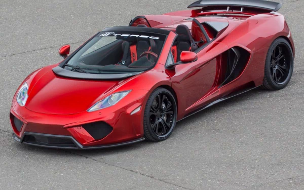 Red McLaren MP4-12C Spider supercar parked on pavement, showcased as a high-definition PC desktop wallpaper and background.
