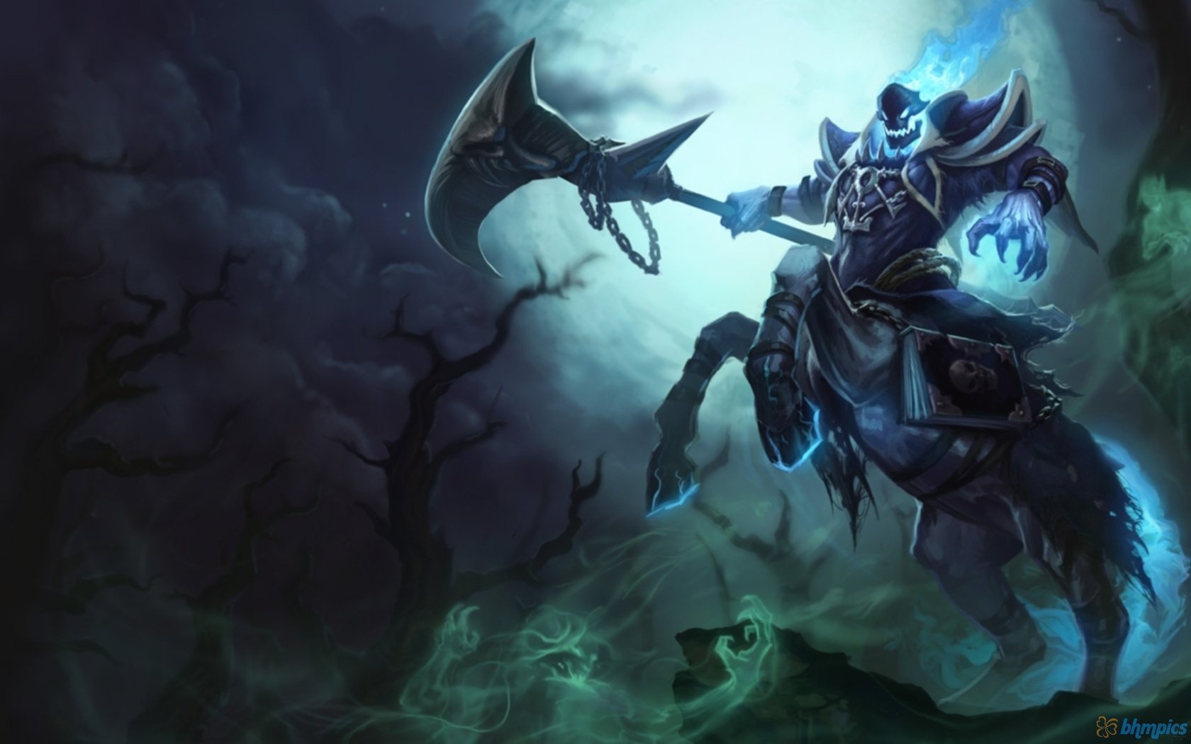 HD PC desktop wallpaper featuring Hecarim from the video game League of Legends, depicted as a ghostly centaur wielding a large scythe under a cloudy, eerie sky.