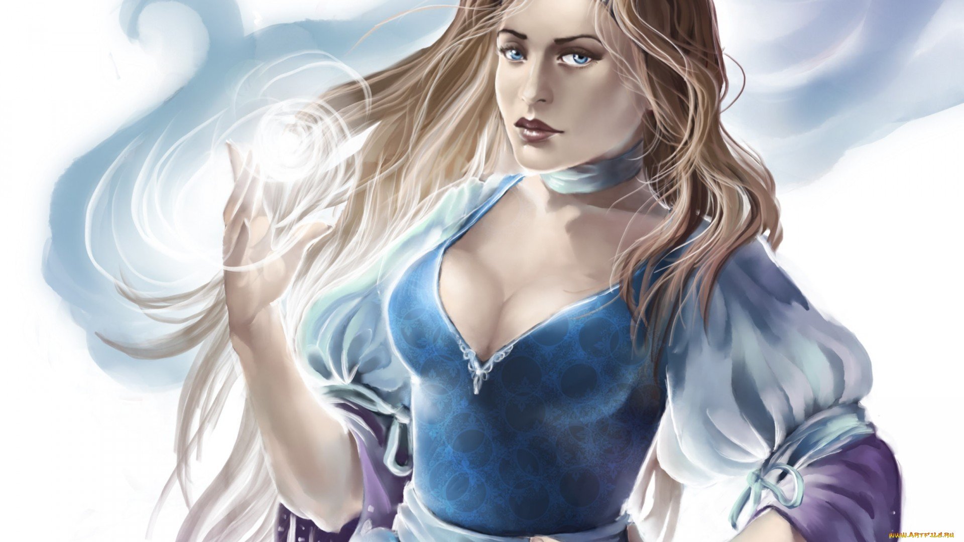 Fantasy woman in a flowing blue gown conjures a glowing orb amid windswept hair and clouds — HD PC desktop wallpaper background.