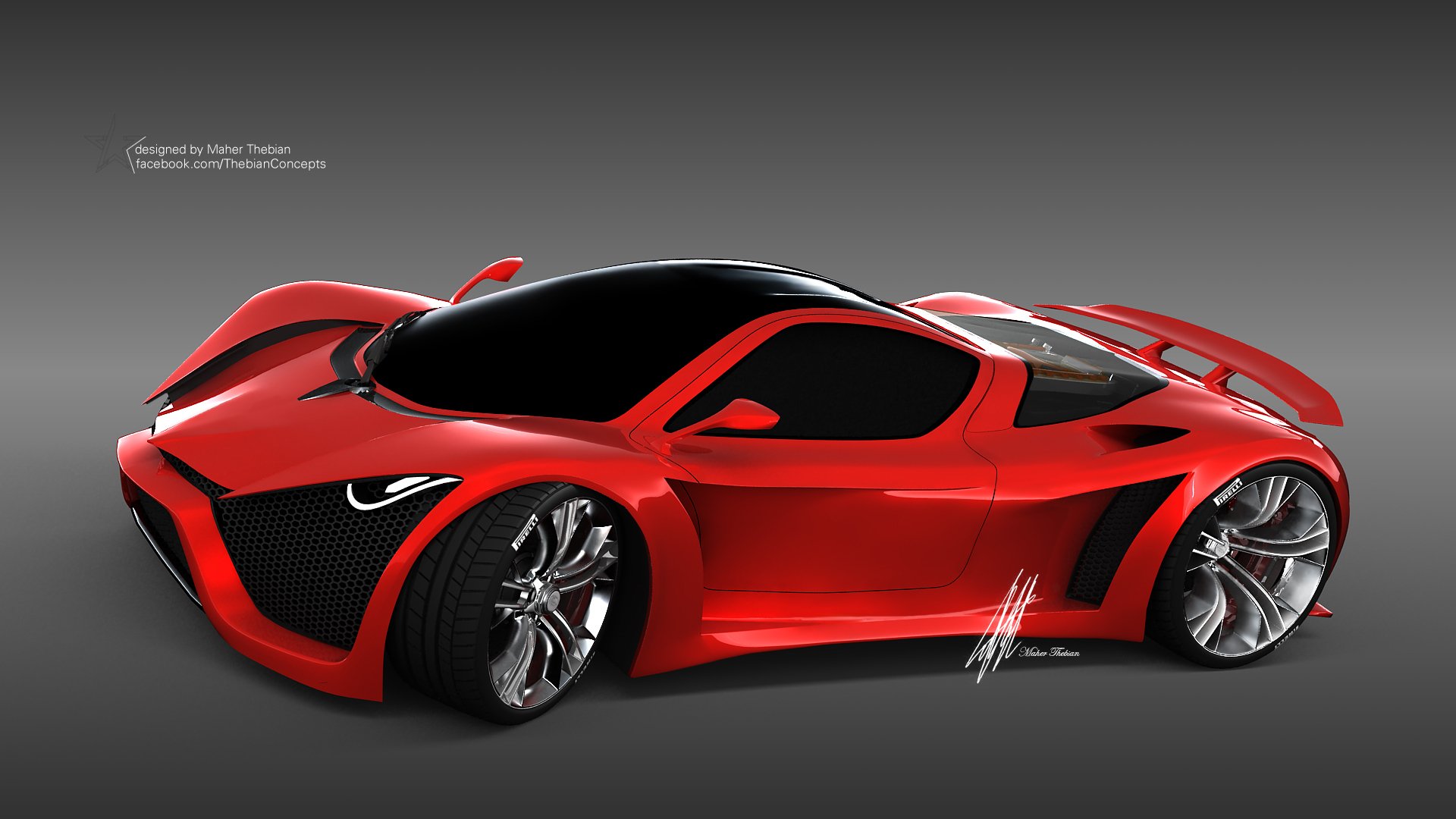 HD desktop wallpaper featuring a sleek red Pagani supercar with aerodynamic curves and glossy finish against a gray gradient background.