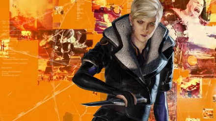 Nilin from the video game Remember Me, in a leather jacket holding a blade against an orange glitch-collage background — HD PC desktop wallpaper.