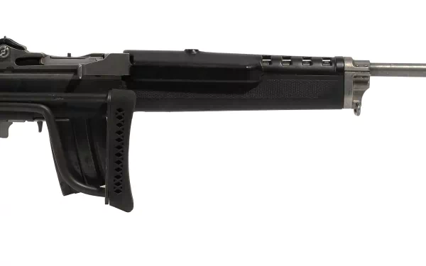 Close-up HD desktop wallpaper featuring the barrel and foregrip of a Ruger Mini-14, showcasing the sleek design of this man-made firearm.