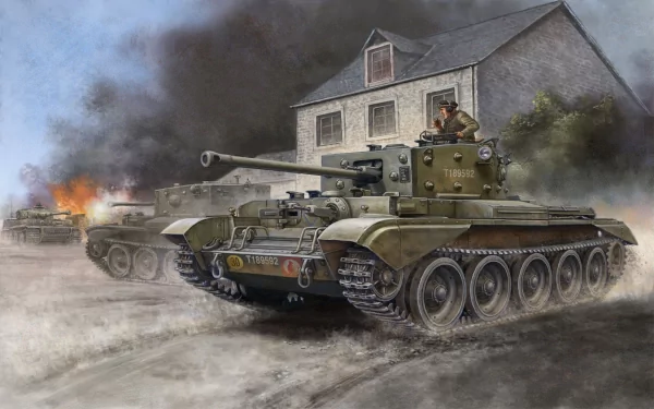 HD desktop wallpaper featuring a Cromwell IV military tank advancing near a building with smoke and fire in the background.