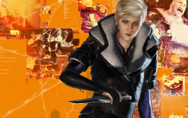 Nilin from the video game Remember Me, in a leather jacket holding a blade against an orange glitch-collage background — HD PC desktop wallpaper.