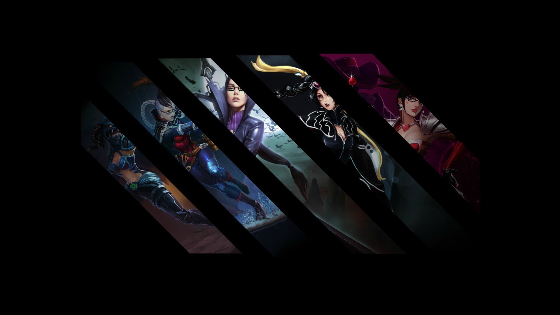 HD PC desktop wallpaper featuring Vayne and other characters from the video game League of Legends in a dynamic, dark-themed design.