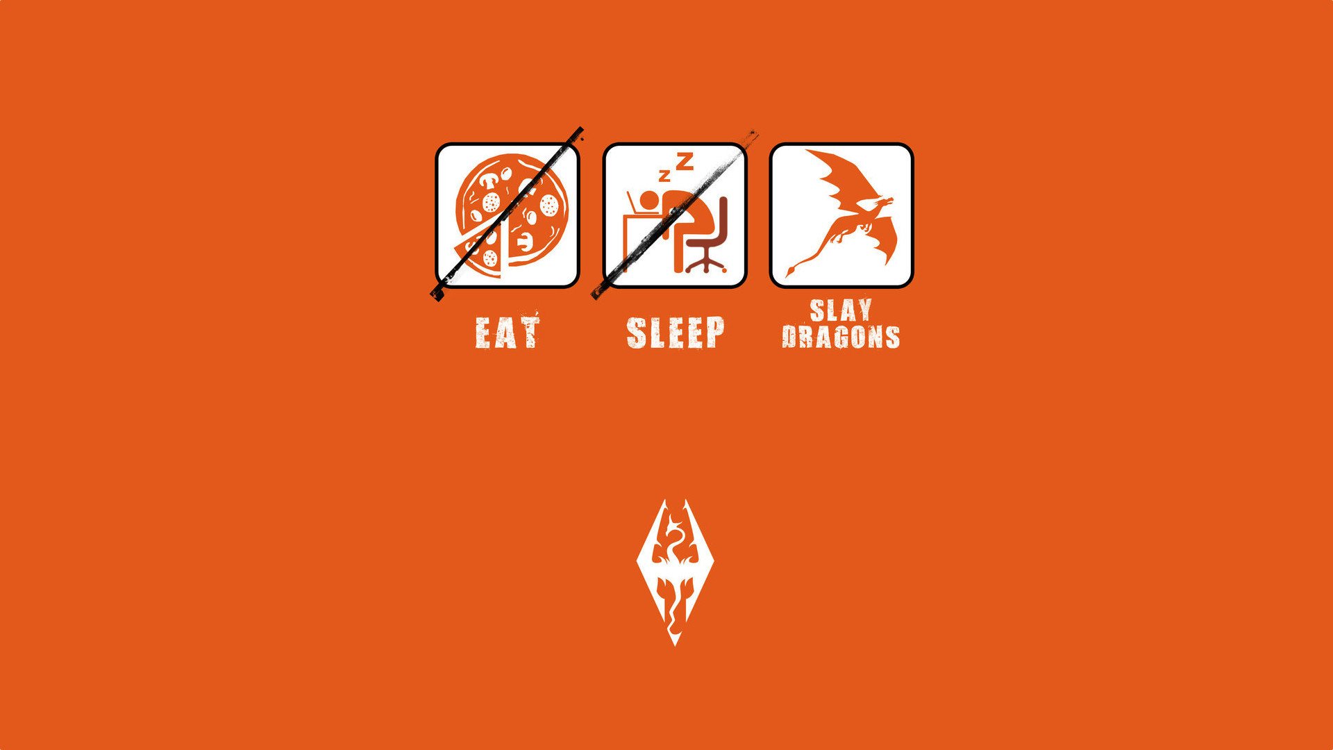 An eye-catching HD wallpaper featuring a playful motto: Eat, Sleep, Slay Dragons, themed around The Elder Scrolls V: Skyrim, set against a bold orange background.