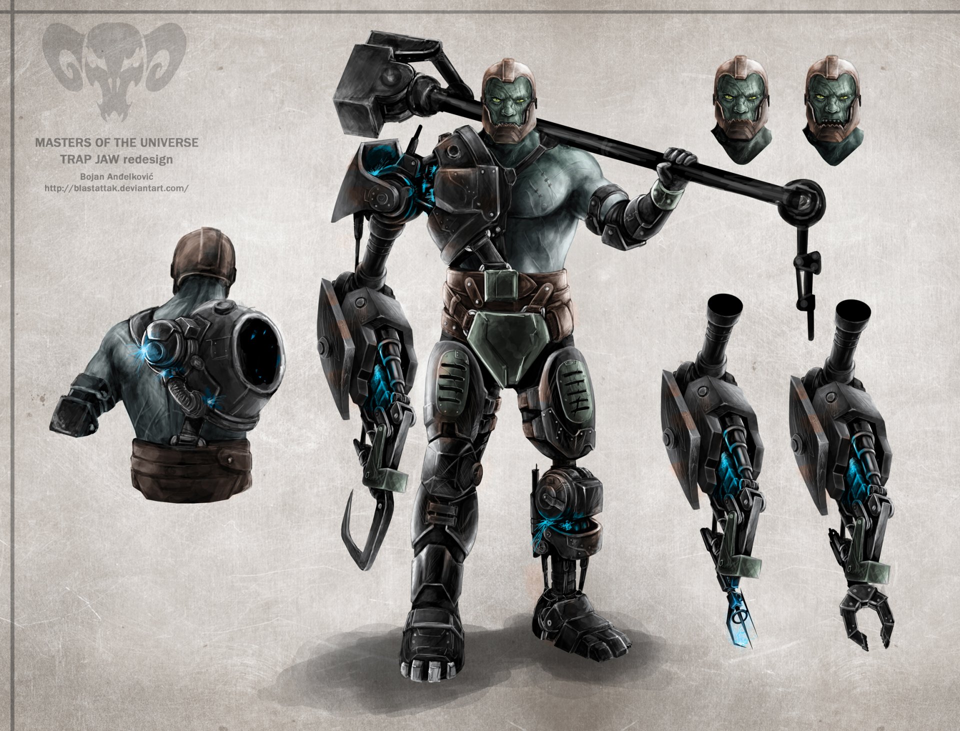 HD desktop wallpaper featuring Trap Jaw from the TV show He-Man and the Masters of the Universe, showcasing various poses and weapon attachments against a sleek background.