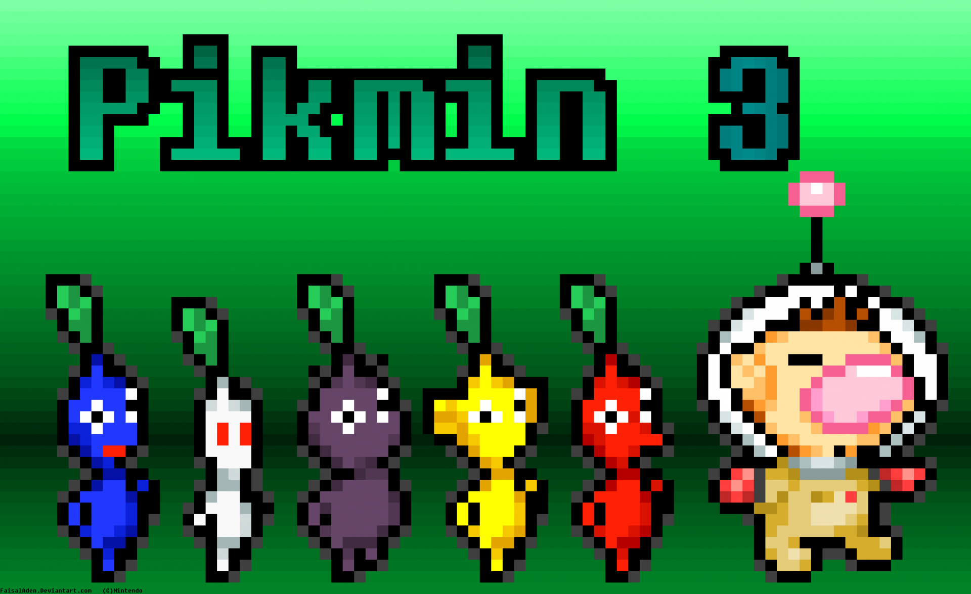 HD wallpaper featuring 8-bit style Pikmin 3 characters with colorful Pikmin and a character in a spacesuit against a green background.
