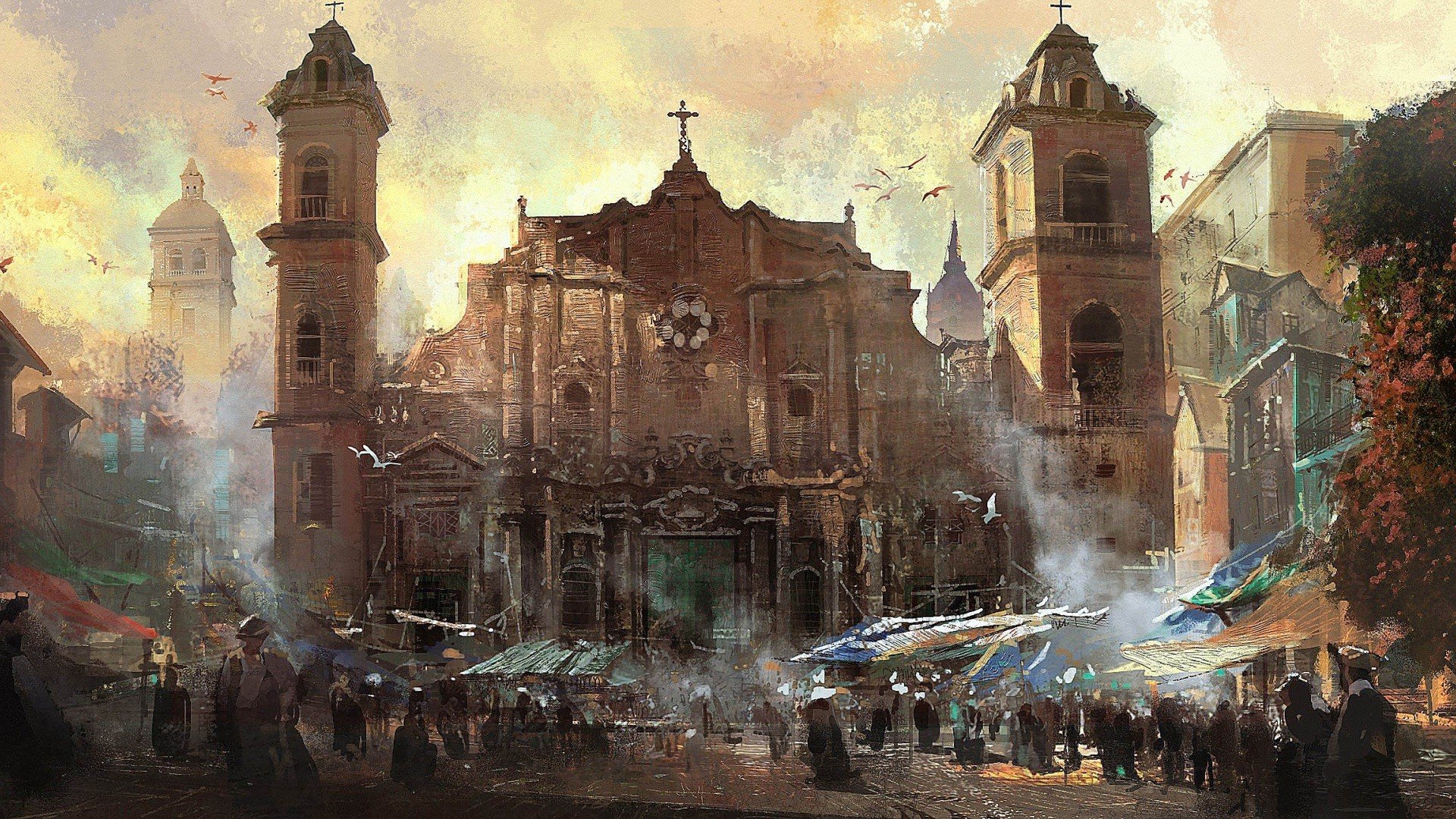 A vibrant HD desktop wallpaper from Assassin's Creed IV: Black Flag, featuring a bustling marketplace in front of an ornate building, with mist and crowds creating an atmospheric scene.