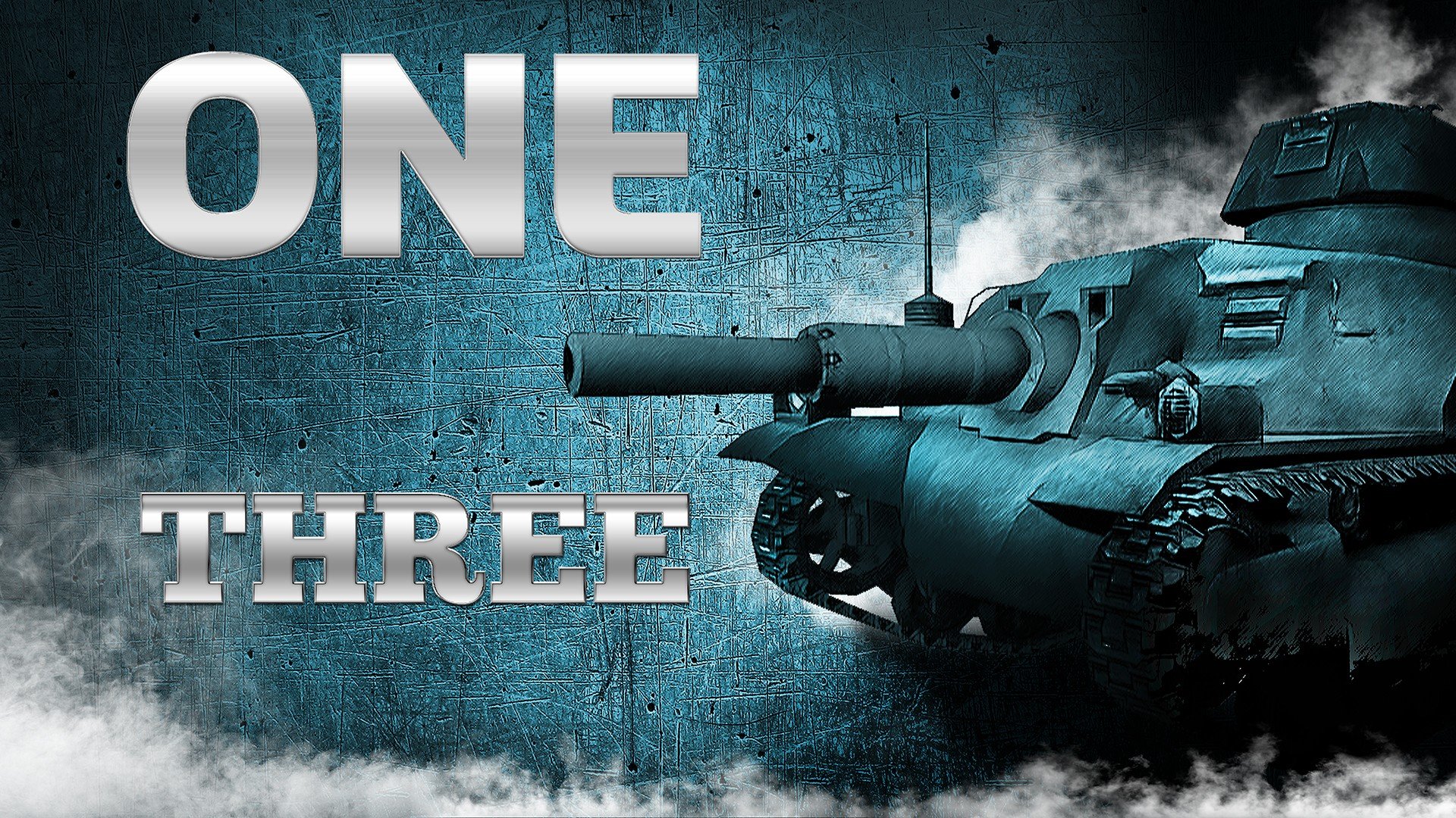 HD PC desktop wallpaper/background for the World of Tanks video game: armored tank emerging from smoke against a textured teal wall with bold ONE and THREE lettering.