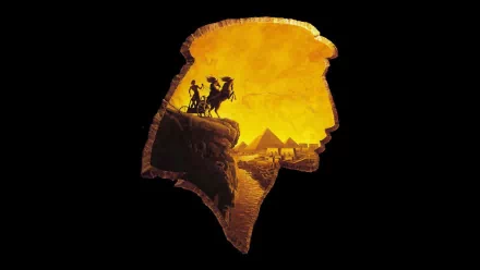 HD PC desktop wallpaper: stylized profile silhouette filled with a golden desert scene — pyramids and figures on a cliff — movie poster art for The Prince of Egypt.