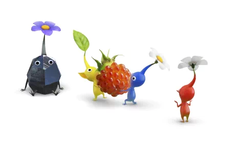 HD desktop wallpaper featuring colorful Pikmin characters from Pikmin 3 on a white background.