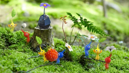 HD wallpaper of Pikmin 3 characters exploring a lush, moss-covered forest floor.