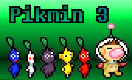 HD wallpaper featuring 8-bit style Pikmin 3 characters with colorful Pikmin and a character in a spacesuit against a green background.