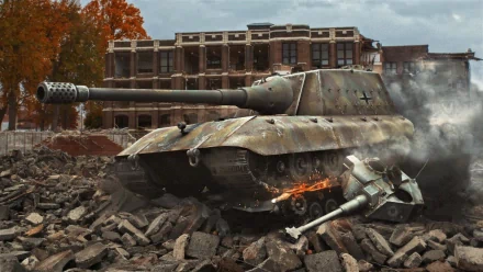 HD desktop wallpaper of World of Tanks, featuring a heavily armored tank in a battle-ravaged urban setting with smoke and a destroyed tank in the foreground.