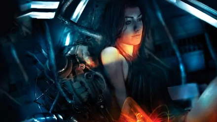 A striking HD desktop wallpaper featuring Miranda Lawson from Mass Effect 3, surrounded by futuristic technology and an atmospheric glow.