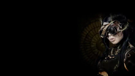 A captivating HD desktop wallpaper featuring a woman in intricate cosplay attire, adorned with unique goggles and a striking expression, set against a dark, textured background.