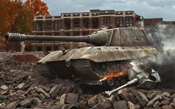 HD desktop wallpaper of World of Tanks, featuring a heavily armored tank in a battle-ravaged urban setting with smoke and a destroyed tank in the foreground.