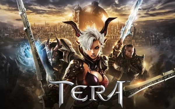 HD PC desktop wallpaper from the video game Tera, featuring armored characters wielding swords against a dramatic cityscape backdrop.