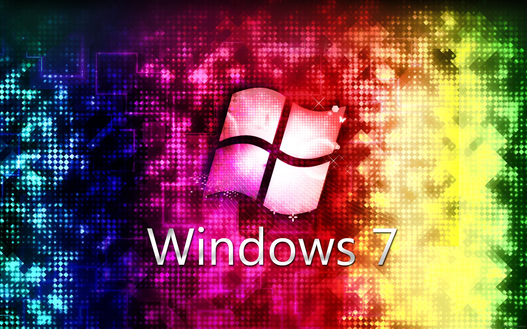 HD PC desktop wallpaper showing a glowing Windows 7 logo centered on a vibrant pixelated rainbow technology background.