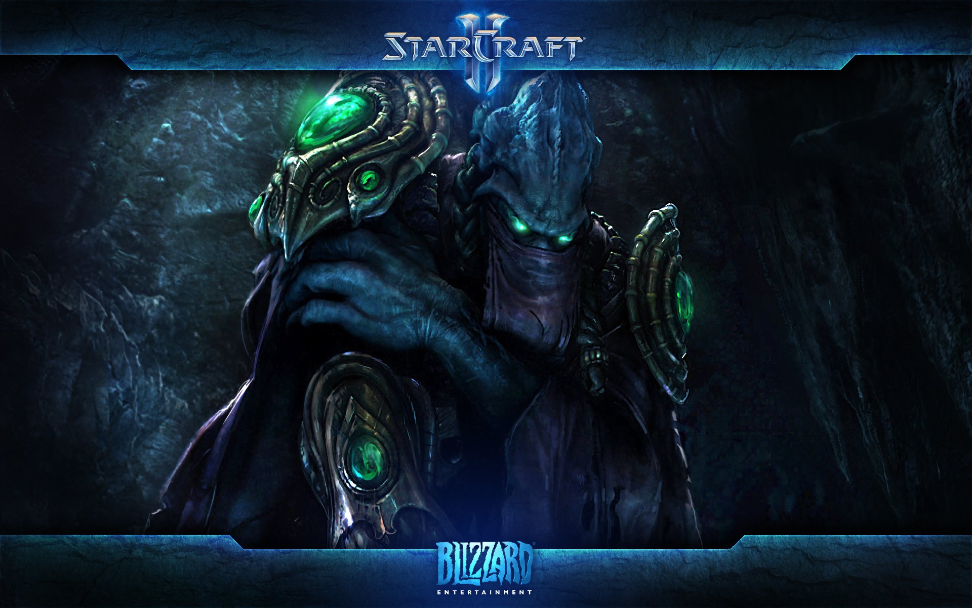 HD PC desktop wallpaper featuring a dark, armored Protoss warrior from the video game Starcraft II: Wings of Liberty, with glowing green accents and a mysterious atmosphere.