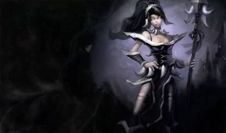 HD PC desktop wallpaper/background of Nidalee from League of Legends — a stylized video game portrait of the spear-wielding huntress in moody, shadowed purple tones.