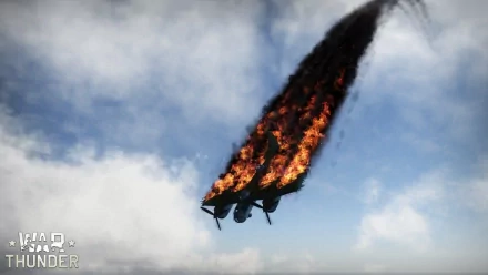 HD PC desktop wallpaper/background from the video game War Thunder: a burning fighter plummets through cloudy blue skies, trailing flames and a thick black smoke plume.