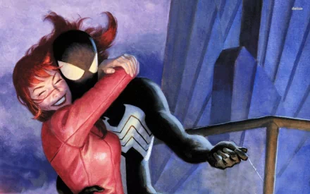 Mary Jane Watson embraces Venom in a vibrant scene from The Amazing Spider-Man. A dynamic comic-inspired HD wallpaper capturing their unique connection.