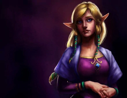 HD PC desktop wallpaper and background: portrait of Zelda from the video game The Legend of Zelda: Skyward Sword — a blonde, elflike princess in purple and gold on a dark backdrop.