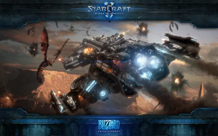 HD PC desktop wallpaper featuring a futuristic battle scene from the video game Starcraft II: Wings of Liberty with a heavily armed spaceship and flying creatures.