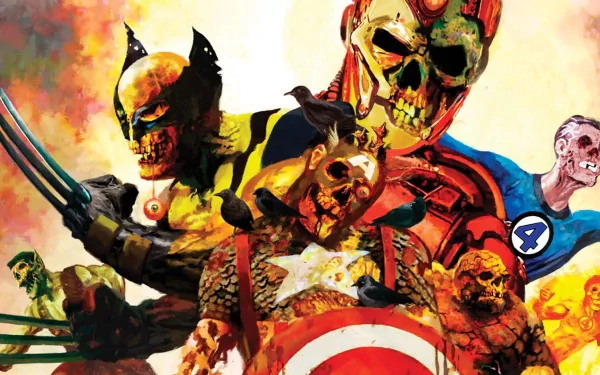 HD wallpaper featuring Marvel Zombies versions of Namor the Sub-Mariner, Human Torch, Thing, Iron Man, Mister Fantastic, Captain America, and Wolverine in a comic-style design.
