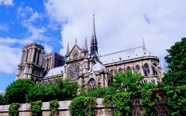 HD desktop wallpaper showcasing the iconic Notre-Dame de Paris cathedral under a clear blue sky, surrounded by lush greenery with detailed Gothic architecture.