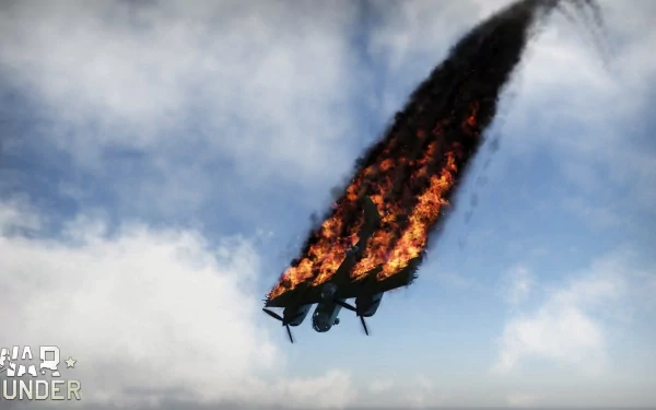 HD PC desktop wallpaper/background from the video game War Thunder: a burning fighter plummets through cloudy blue skies, trailing flames and a thick black smoke plume.