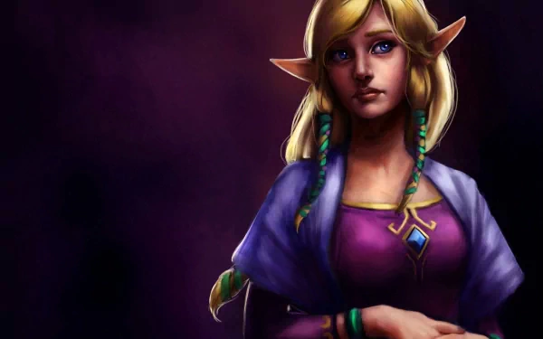 HD PC desktop wallpaper and background: portrait of Zelda from the video game The Legend of Zelda: Skyward Sword — a blonde, elflike princess in purple and gold on a dark backdrop.