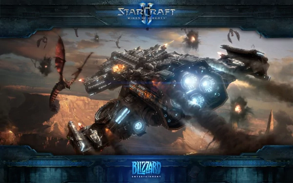 HD PC desktop wallpaper featuring a futuristic battle scene from the video game Starcraft II: Wings of Liberty with a heavily armed spaceship and flying creatures.