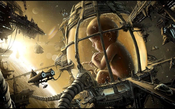 Sci-fi artistic HD desktop wallpaper depicting a giant fetus enclosed in a mechanical womb, surrounded by futuristic machinery and floating drones in a dimly lit space environment.