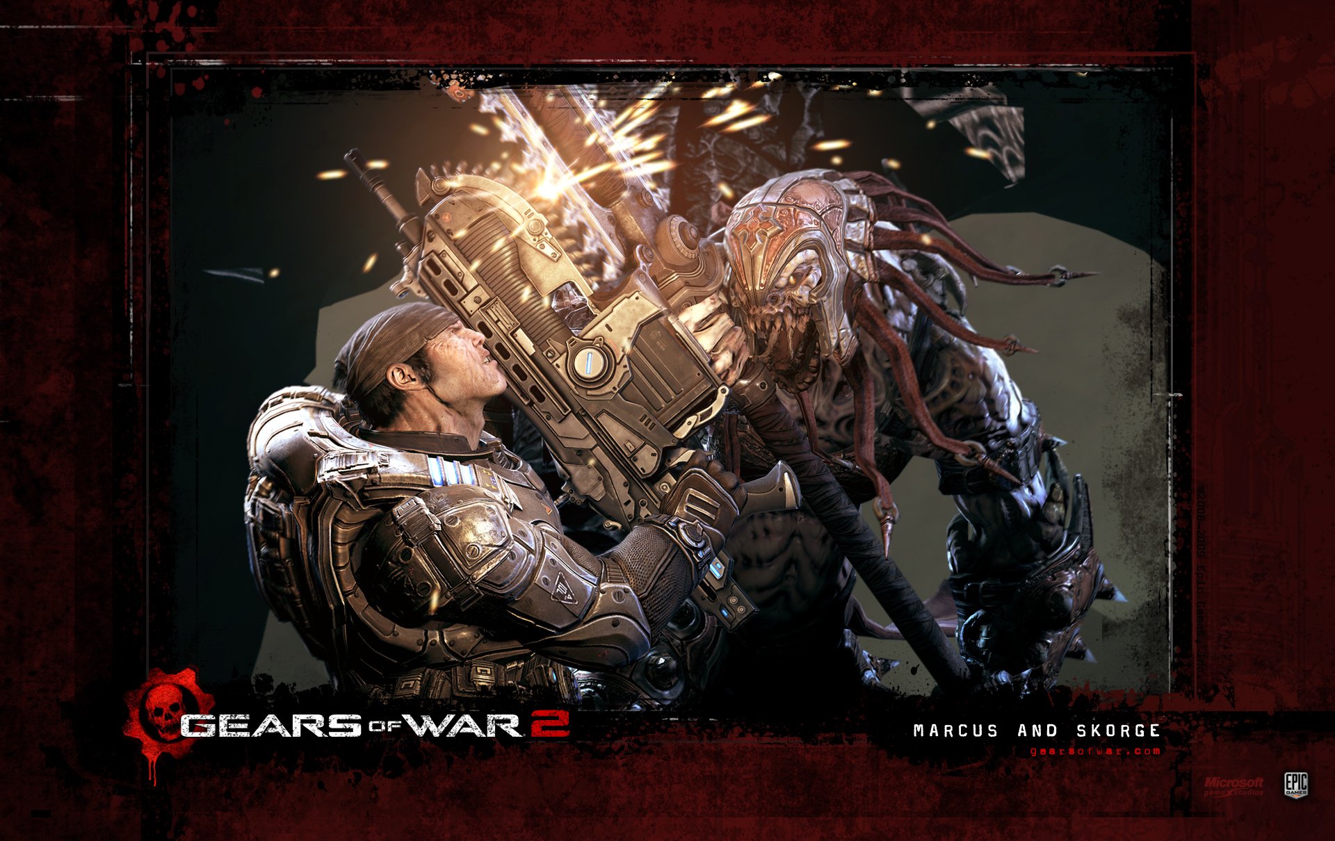 HD PC desktop wallpaper featuring intense combat between a soldier and a monstrous creature from the video game Gears of War 2.