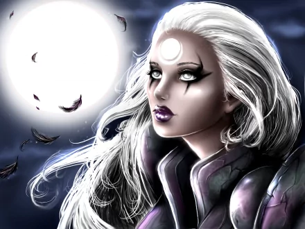 HD PC desktop wallpaper of Diana (League of Legends) from the video game — silver‑haired moonlit champion with crescent forehead mark, purple armor and drifting feathers against a dark sky.