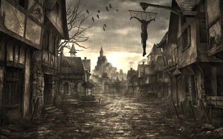 A dark, creepy HD wallpaper depicting a desolate village under a stormy sky, with a looming castle and a figure hanging ominously in the foreground, surrounded by barren streets.