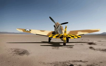 HD desktop wallpaper featuring a military Curtiss P-40 Warhawk aircraft on a desert runway under a clear blue sky.
