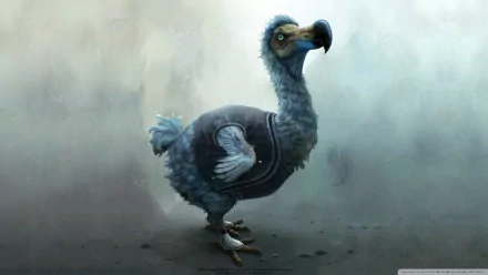 A dodo bird from Disney's Alice in Wonderland (2010) stands prominently against a misty background, showcasing its unique design in this HD desktop wallpaper.