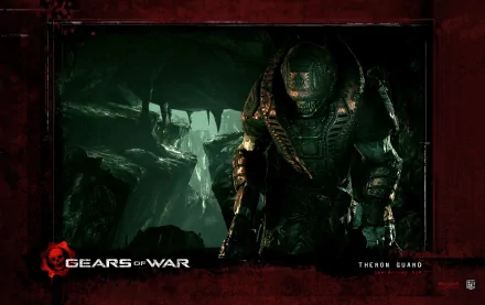 Gears of War video game HD PC desktop wallpaper and background: a menacing Theron Guard emerging in a green-lit cavern, rocky tunnel and the game logo at lower-left.