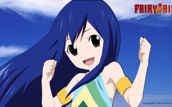 HD desktop wallpaper featuring Wendy Marvell from the anime Fairy Tail. She is shown smiling, with a blue sky backdrop and the Fairy Tail logo in the top right corner.